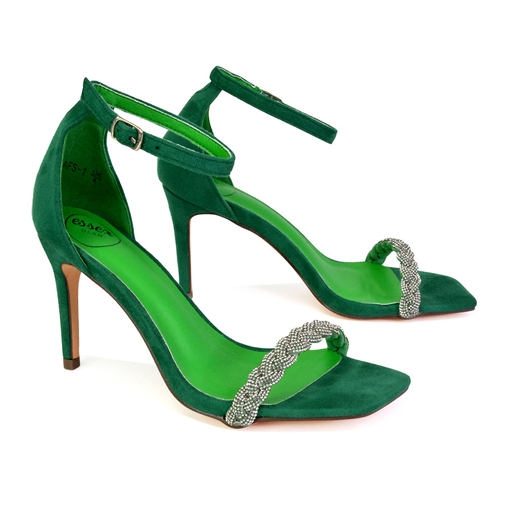 Peyton Diamante Strappy Party Square Toe Mid High Heel Stiletto Sandals in Green