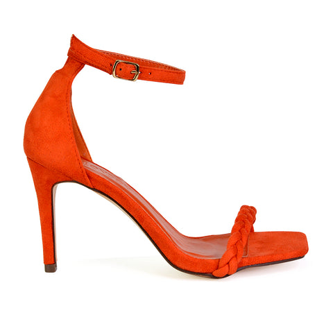Brookes Woven Strappy Square Toe Stiletto High Heel Sandals in Orange