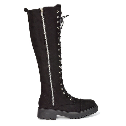 Ada Lace Up Knee High Boots Vegan Friendly With Deco Zip In Black Synthetic Leather