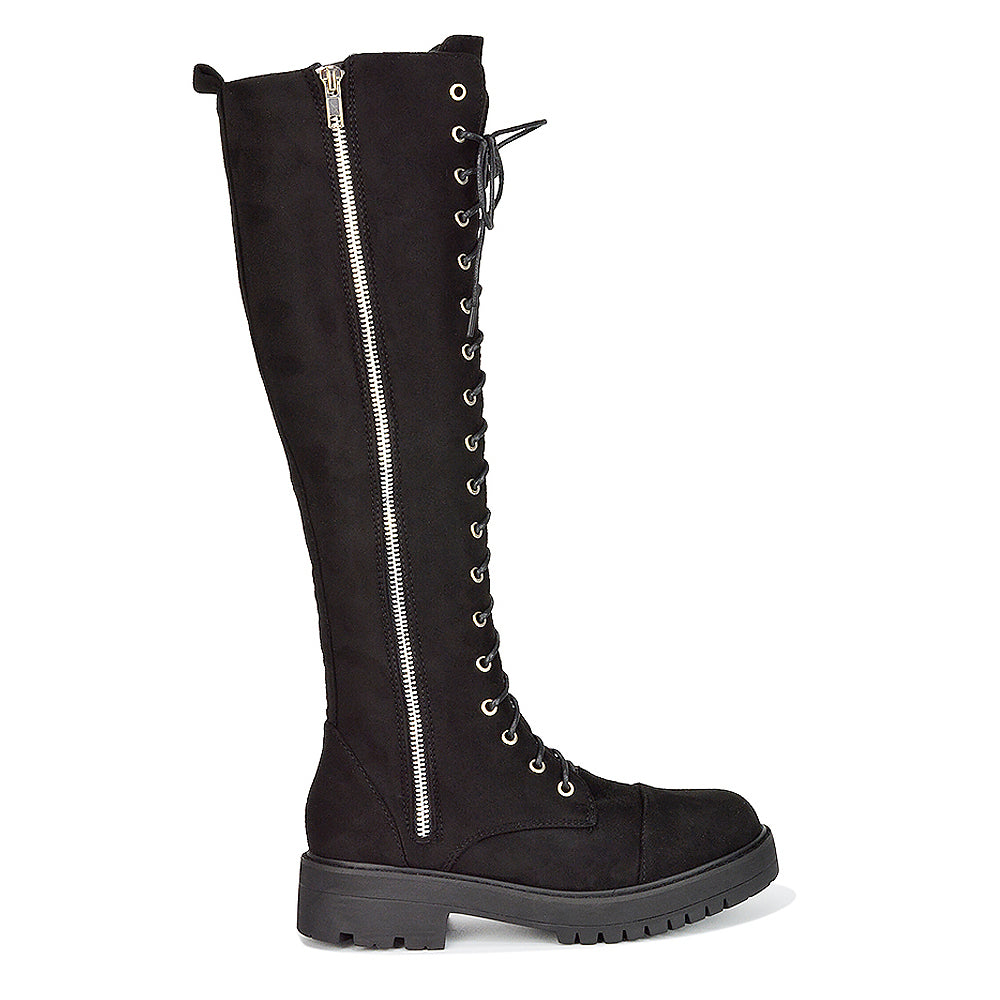 Ada Lace Up Knee High Boots Vegan Friendly With Deco Zip In Black Synthetic Leather