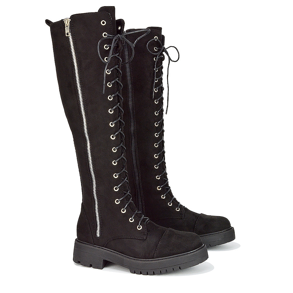 Ada Lace Up Knee High Boots Vegan Friendly With Deco Zip In Black Synthetic Leather