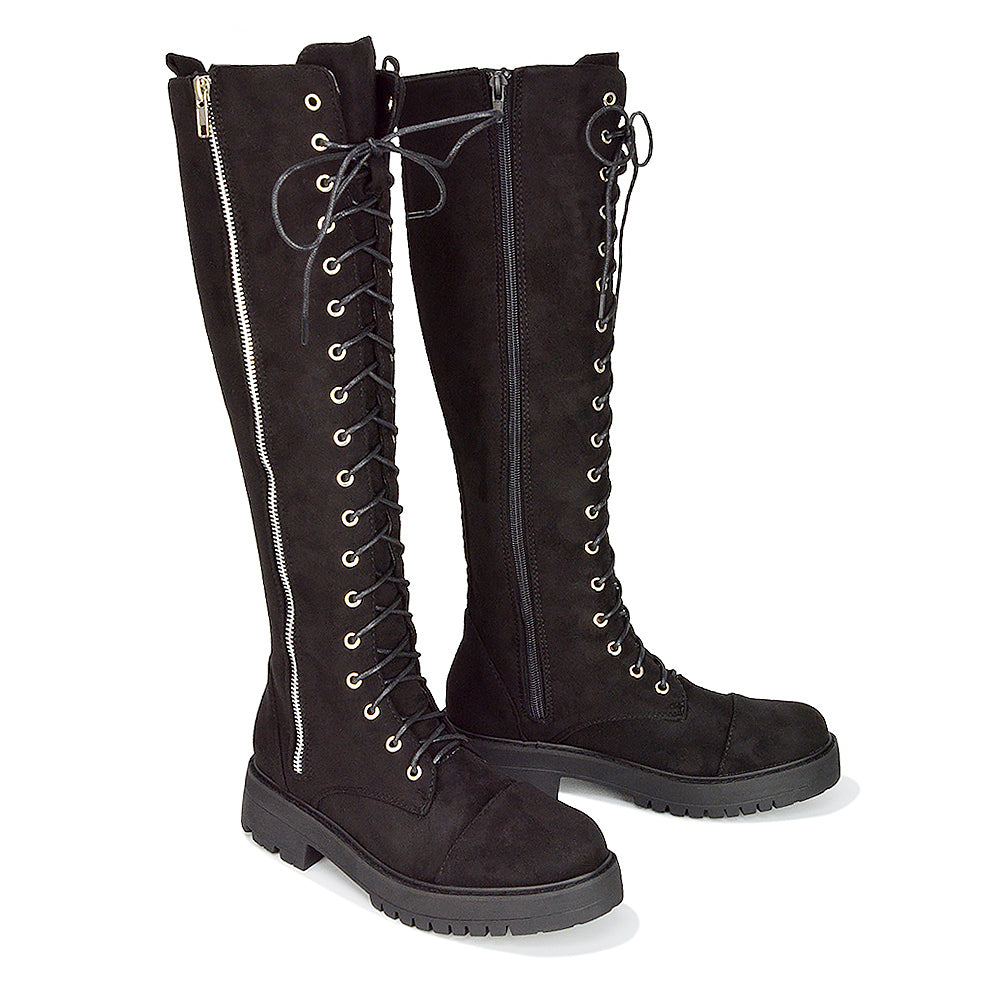 Ada Lace Up Knee High Boots Vegan Friendly With Deco Zip In Black Faux Suede