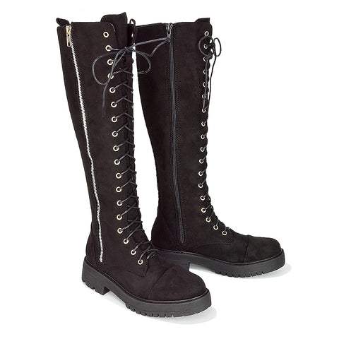 Ada Lace Up Knee High Boots Vegan Friendly With Deco Zip In Black Synthetic Leather