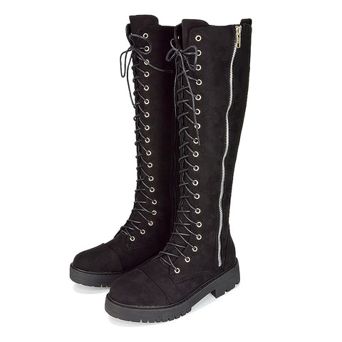 Ada Lace Up Knee High Boots Vegan Friendly With Deco Zip In Black Faux Suede