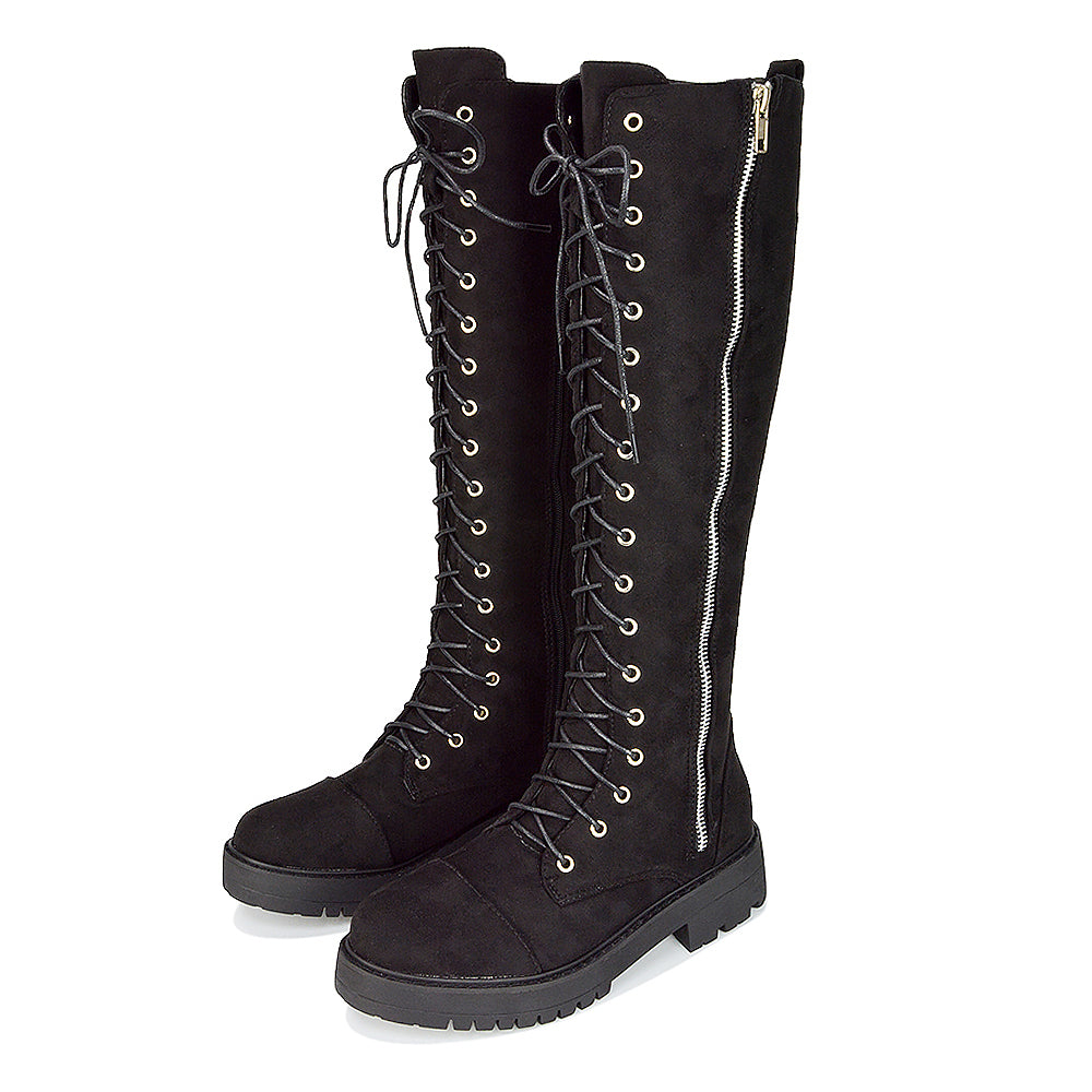 Ada Lace Up Knee High Boots Vegan Friendly With Deco Zip In Black Synthetic Leather