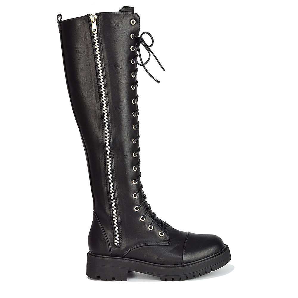 Ada Lace Up Knee High Boots Vegan Friendly With Deco Zip In Black Synthetic Leather