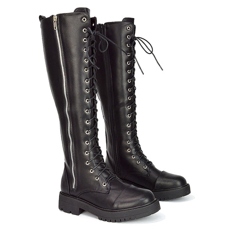 Ada Lace Up Knee High Boots Vegan Friendly With Deco Zip In Black Synthetic Leather