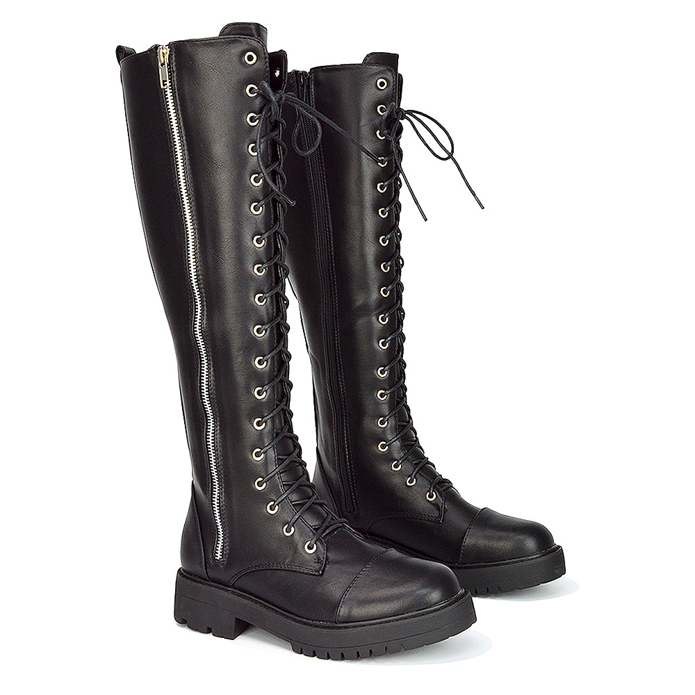 Ada Lace Up Knee High Boots Vegan Friendly With Deco Zip In Black Faux Suede