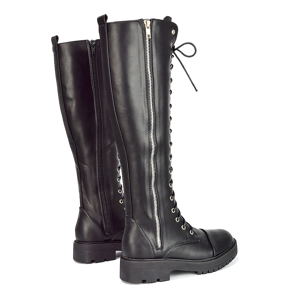 Ada Lace Up Knee High Boots Vegan Friendly With Deco Zip In Black Synthetic Leather