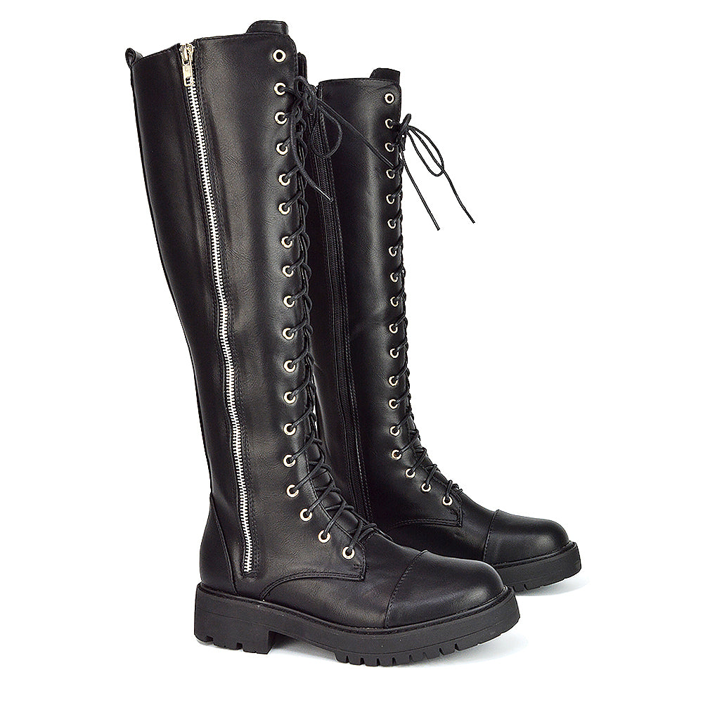 Ada Lace Up Knee High Boots Vegan Friendly With Deco Zip In Black Faux Suede