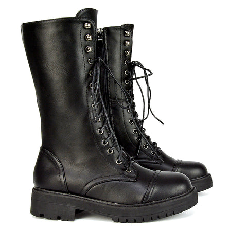 Vera Mid-Calf Combat Military Biker Heeled Ankle Boots in Black Synthetic Leather