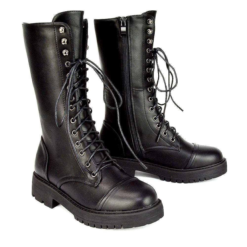 Vera Mid-Calf Combat Military Biker Heeled Ankle Boots in Black Synthetic Leather