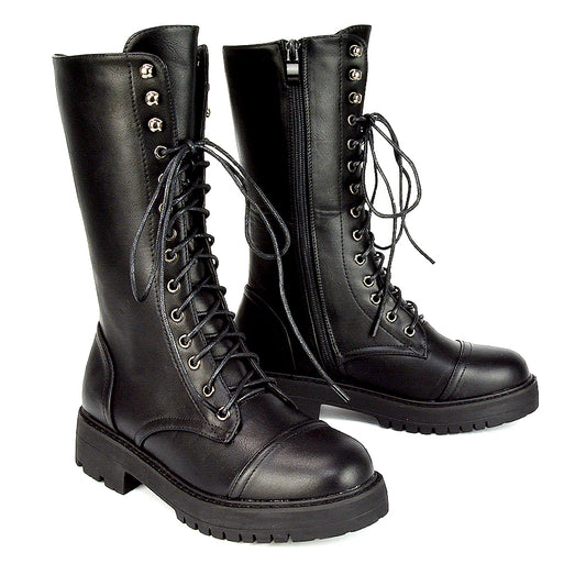 black synthetic leather | XY London | Black Boots,Black Combat Boots,Black Biker Boots,Black Lace Up Boots,Black Lace Ups,AW21
