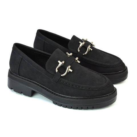 Riley Chunky Block Heel Loafers With Silver Buckle in Black Synthetic Leather