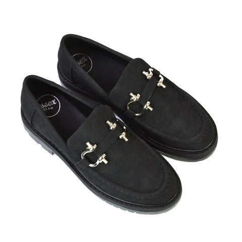 Riley Chunky Block Heel Loafers With Silver Buckle in Black Synthetic Leather