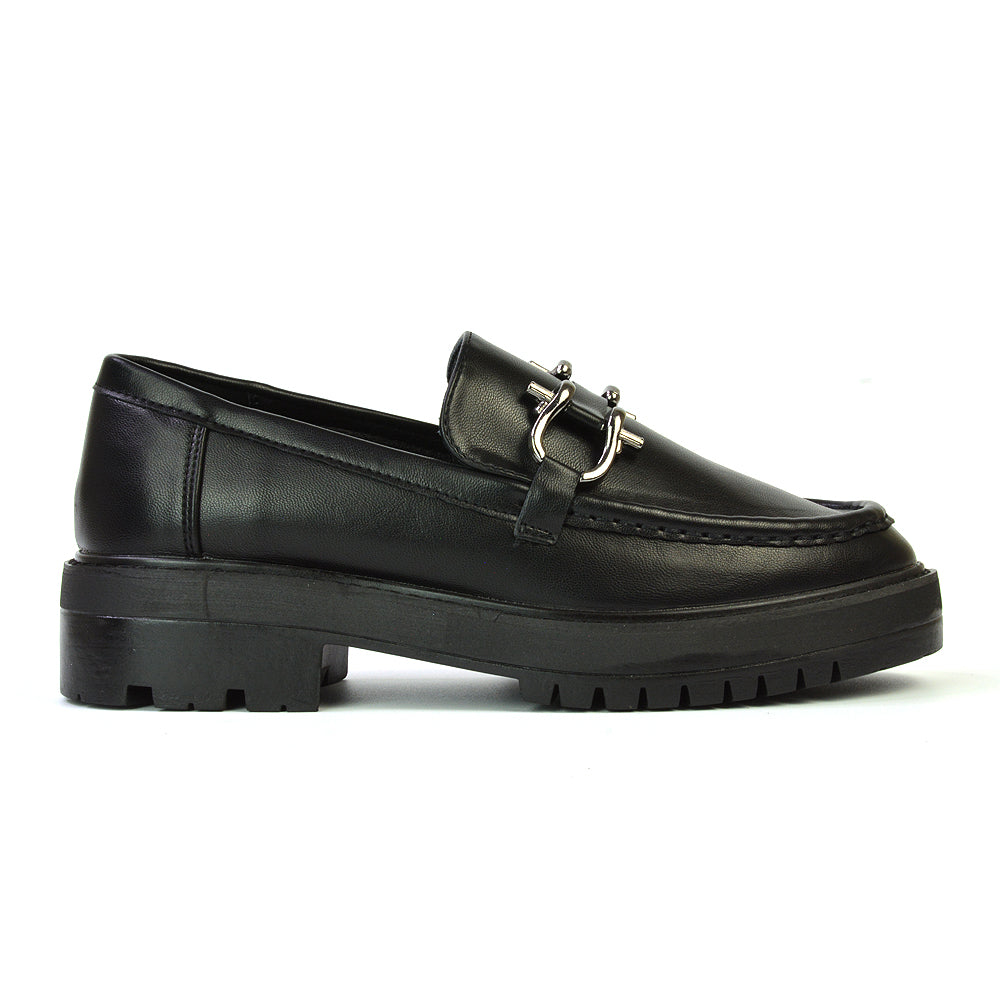 Riley Chunky Block Heel Loafers With Silver Buckle in Black Synthetic Leather