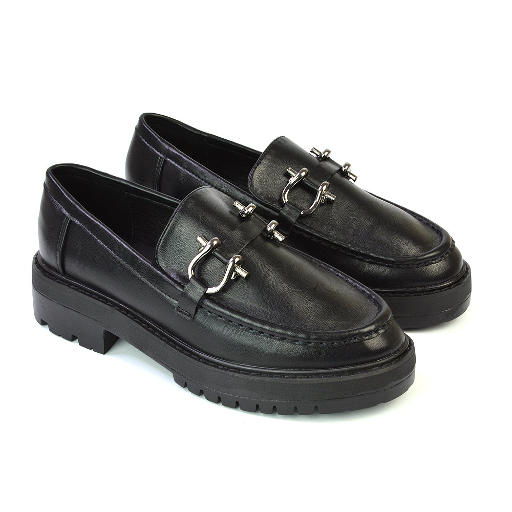 Riley Chunky Block Heel Loafers With Silver Buckle in Black Faux Suede