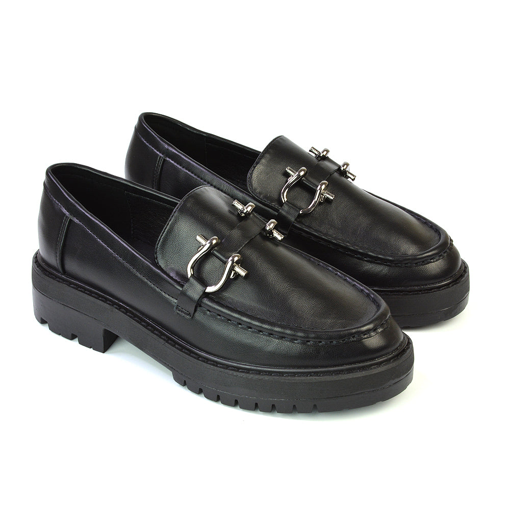 Riley Chunky Block Heel Loafers With Silver Buckle in Black Synthetic Leather