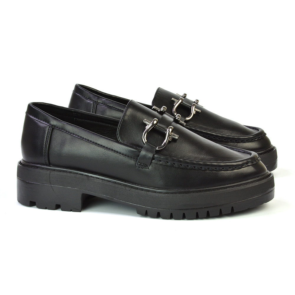 Riley Chunky Block Heel Loafers With Silver Buckle in Black Synthetic Leather