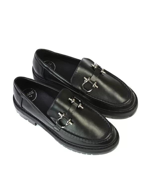 Riley Chunky Block Heel Loafers With Silver Buckle in Black Synthetic Leather