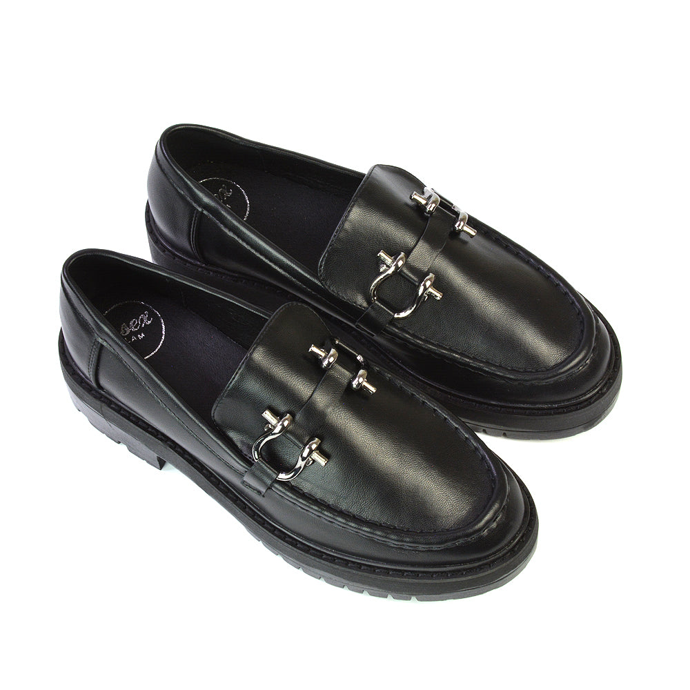 Riley Chunky Block Heel Loafers With Silver Buckle in Black Faux Suede