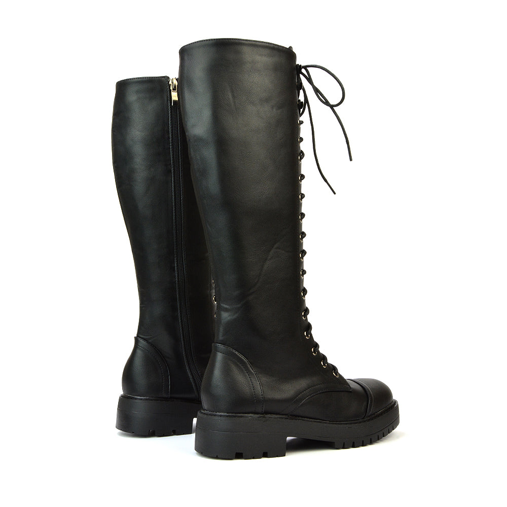 Peri Lace Up Combat Knee High Biker Boots With Inside Zip in Black Synthetic Leather
