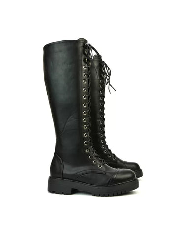 Peri Lace Up Combat Knee High Biker Boots With Inside Zip in Black Synthetic Leather