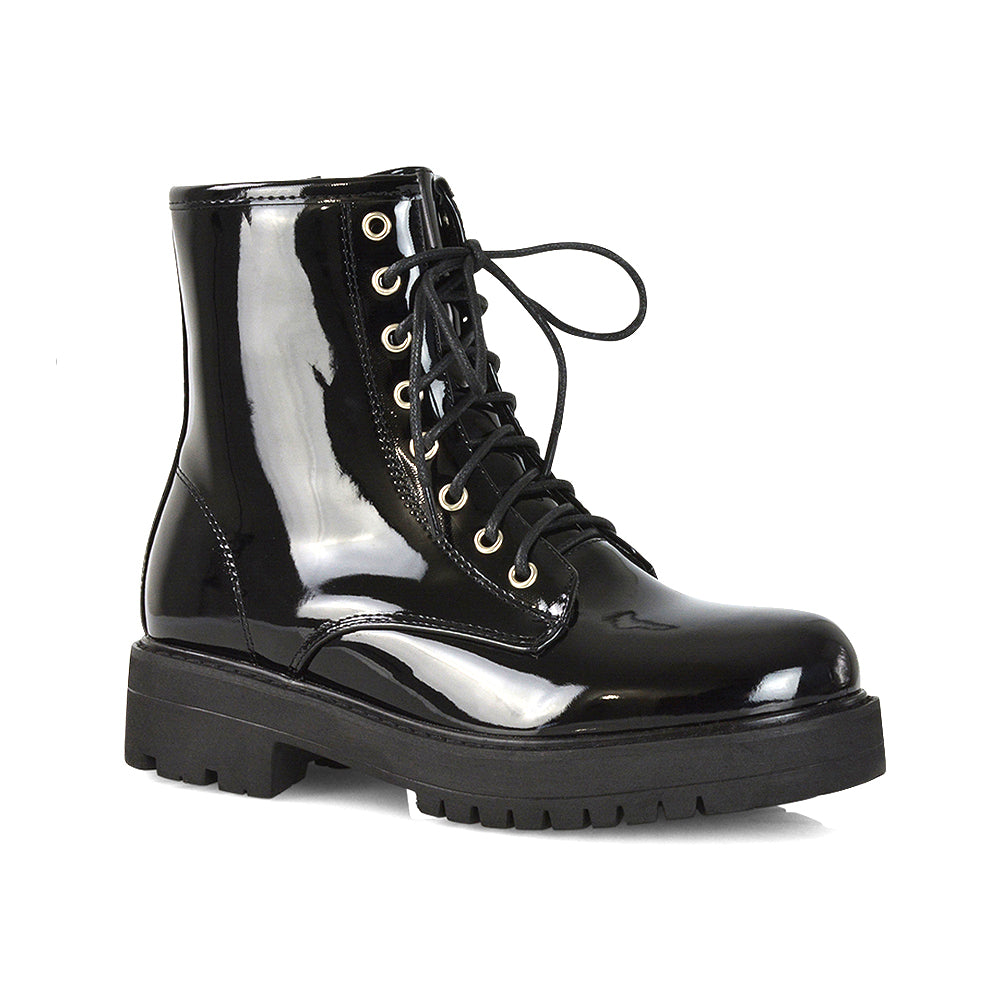 Hermoine Flat Chunky Low Block Heel Ankle Lace up Biker Boots in Black Patent