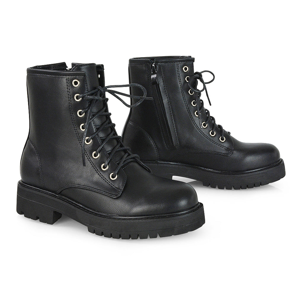 Hermoine Flat Chunky Low Block Heel Ankle Lace up Biker Boots in Black Patent