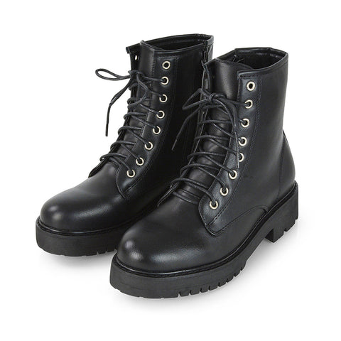 Hermoine Flat Chunky Low Block Heel Ankle Lace up Biker Boots in Black Patent