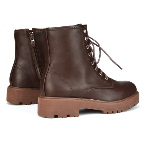 Hermoine Flat Chunky Low Block Heel Ankle Lace up Biker Boots in Brown Synthetic Leather