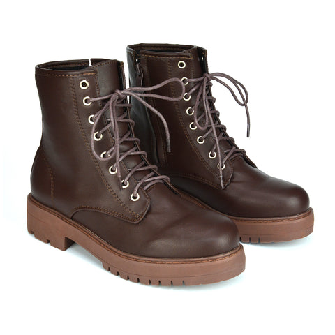 Hermoine Flat Chunky Low Block Heel Ankle Lace up Biker Boots in Brown Synthetic Leather