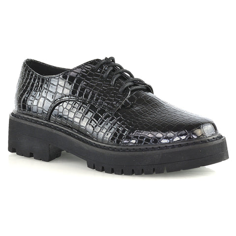 Emilia Lace up Flats Chunky Sole Low Platform Block Heel Brogues in Black Synthetic Leather