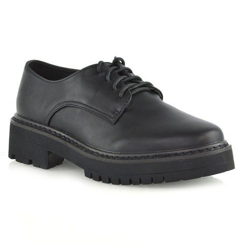 Emilia Lace up Flats Chunky Sole Low Platform Block Heel Brogues in Black Synthetic Leather