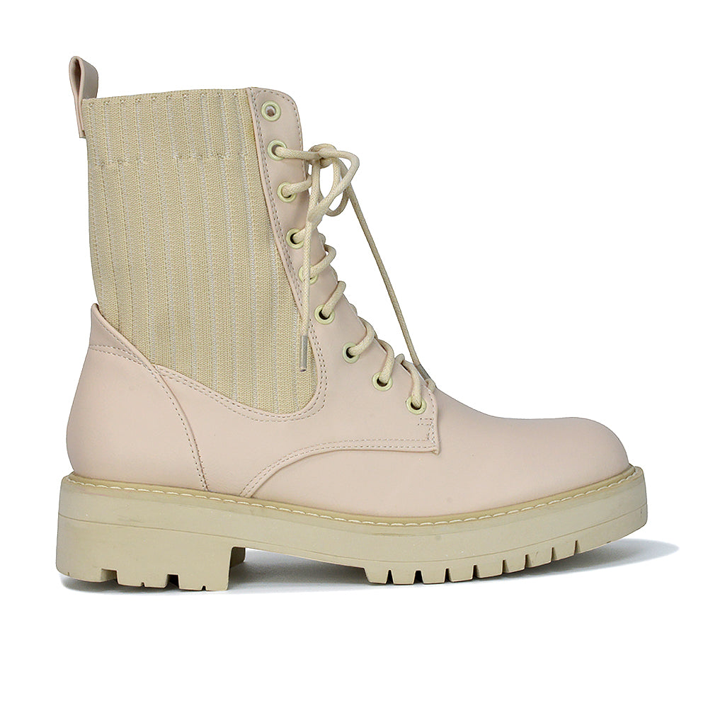 Fawn Lace up Flat Biker Ankle Combat Winter Boots in Stone Synthetic Leather