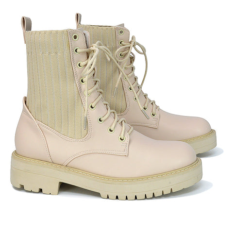Fawn Lace up Flat Biker Ankle Combat Winter Boots in Stone Synthetic Leather