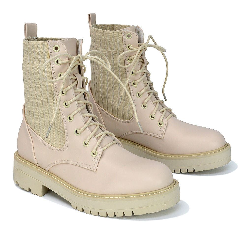 Fawn Lace up Flat Biker Ankle Combat Winter Boots in Stone Synthetic Leather