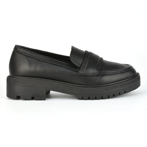 Kourtney Chunky Sole Slip on School Shoes Smart Flat Loafers in Black Patent