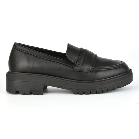 Kourtney Chunky Sole Slip on School Shoes Smart Flat Loafers in Black Synthetic Leather