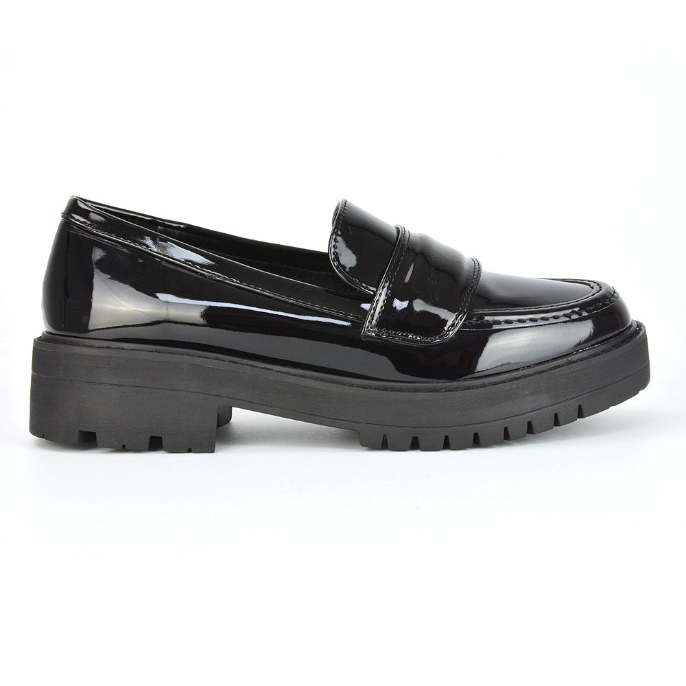 Kourtney Chunky Sole Slip on School Shoes Smart Flat Loafers in Black Synthetic Leather
