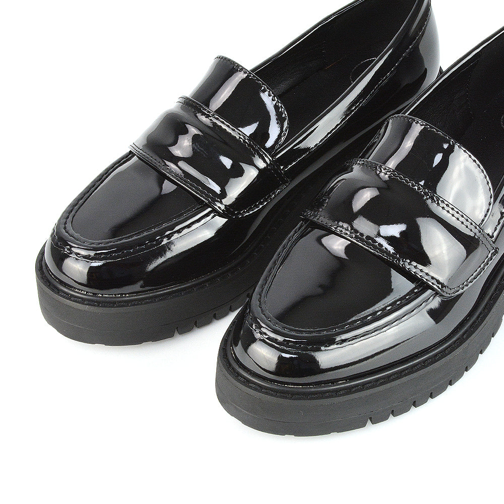 Kourtney Chunky Sole Slip on School Shoes Smart Flat Loafers in Black Patent