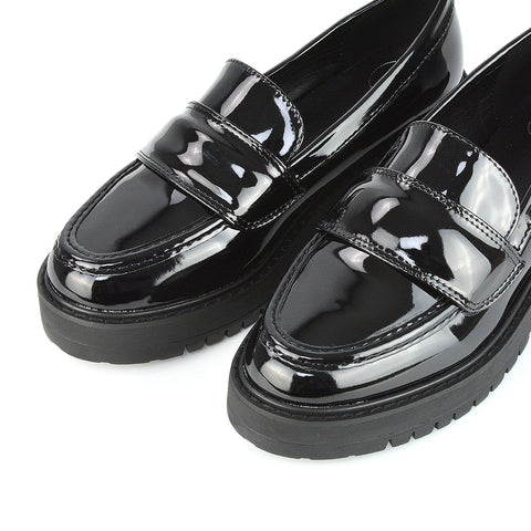 Kourtney Chunky Sole Slip on School Shoes Smart Flat Loafers in Black Synthetic Leather