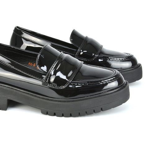 Kourtney Chunky Sole Slip on School Shoes Smart Flat Loafers in Black Synthetic Leather