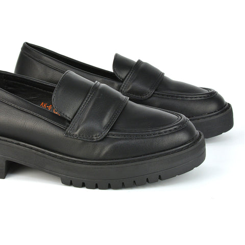 Kourtney Chunky Sole Slip on School Shoes Smart Flat Loafers in Black Synthetic Leather