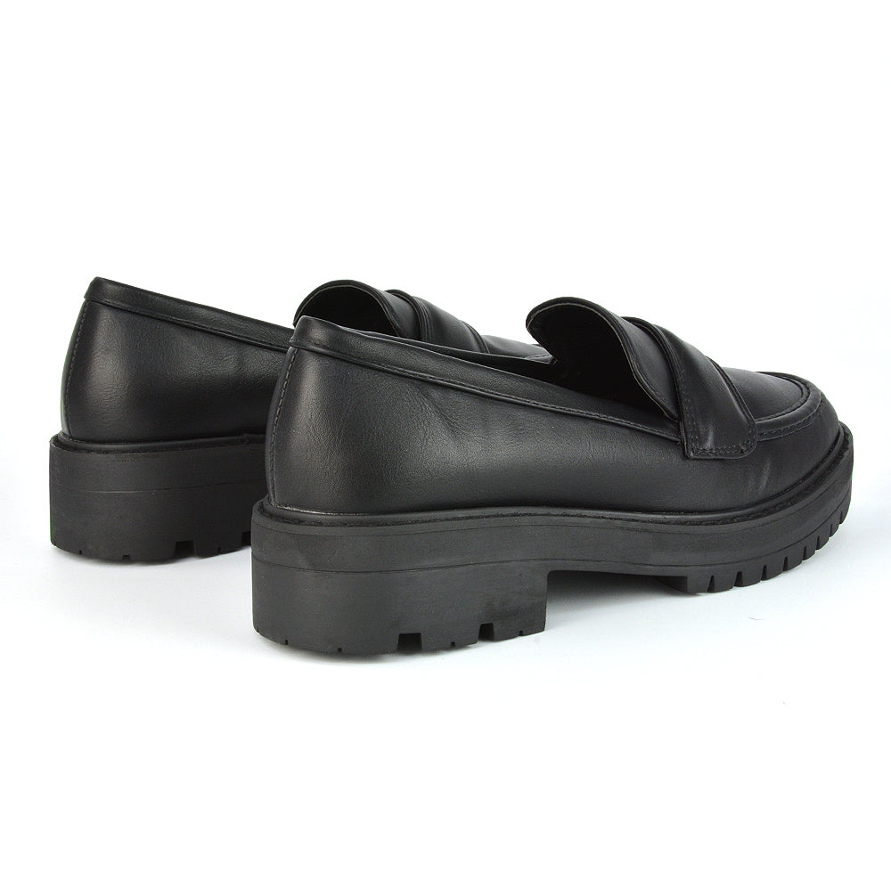 Kourtney Chunky Sole Slip on School Shoes Smart Flat Loafers in Black Synthetic Leather