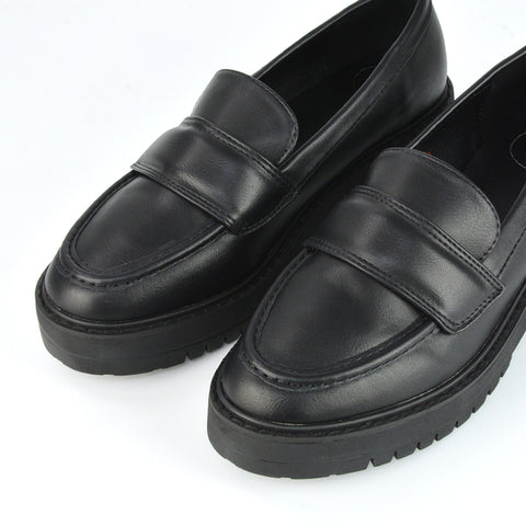 Kourtney Chunky Sole Slip on School Shoes Smart Flat Loafers in Black Synthetic Leather