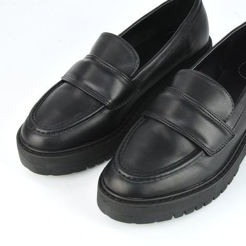 Kourtney Chunky Sole Slip on School Shoes Smart Flat Loafers in Black Patent