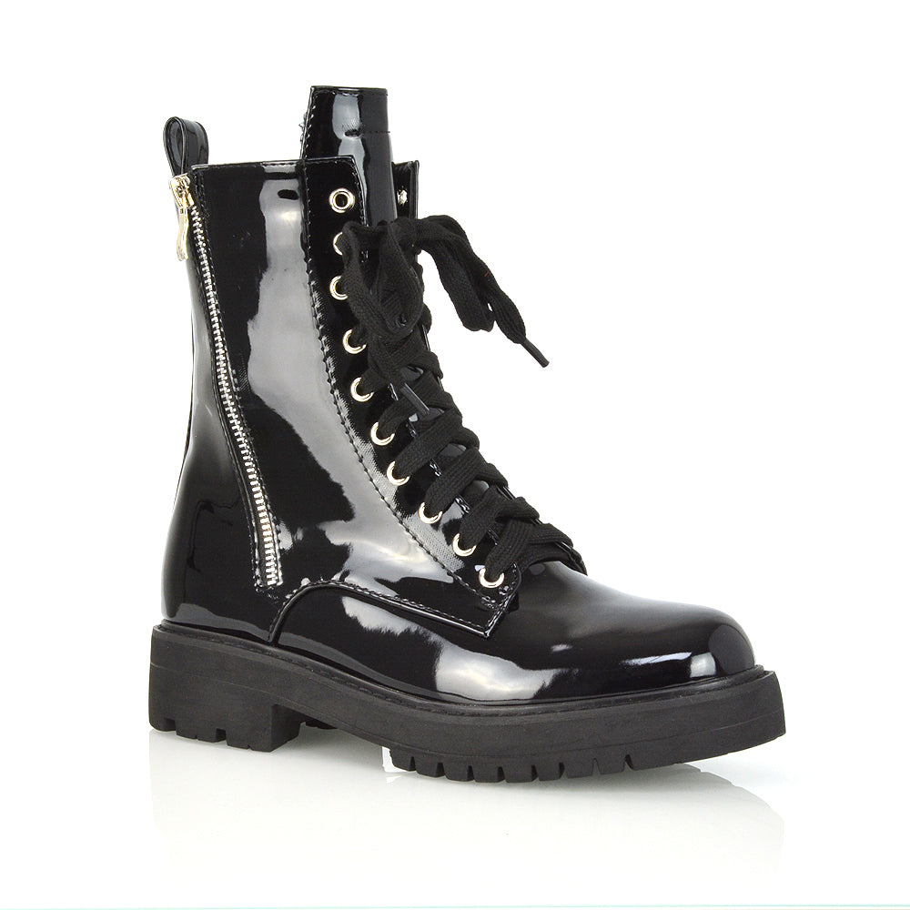 Bianca Flat Combat Lace up Chunky Military Biker Ankle Boots in Black Patent