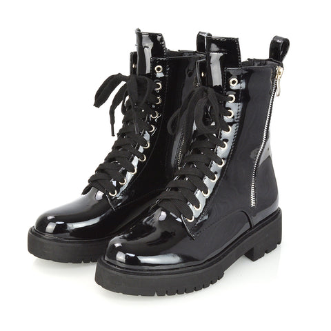 Bianca Flat Combat Lace up Chunky Military Biker Ankle Boots in Black Synthetic Leather