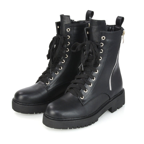 Bianca Flat Combat Lace up Chunky Military Biker Ankle Boots in Black Patent